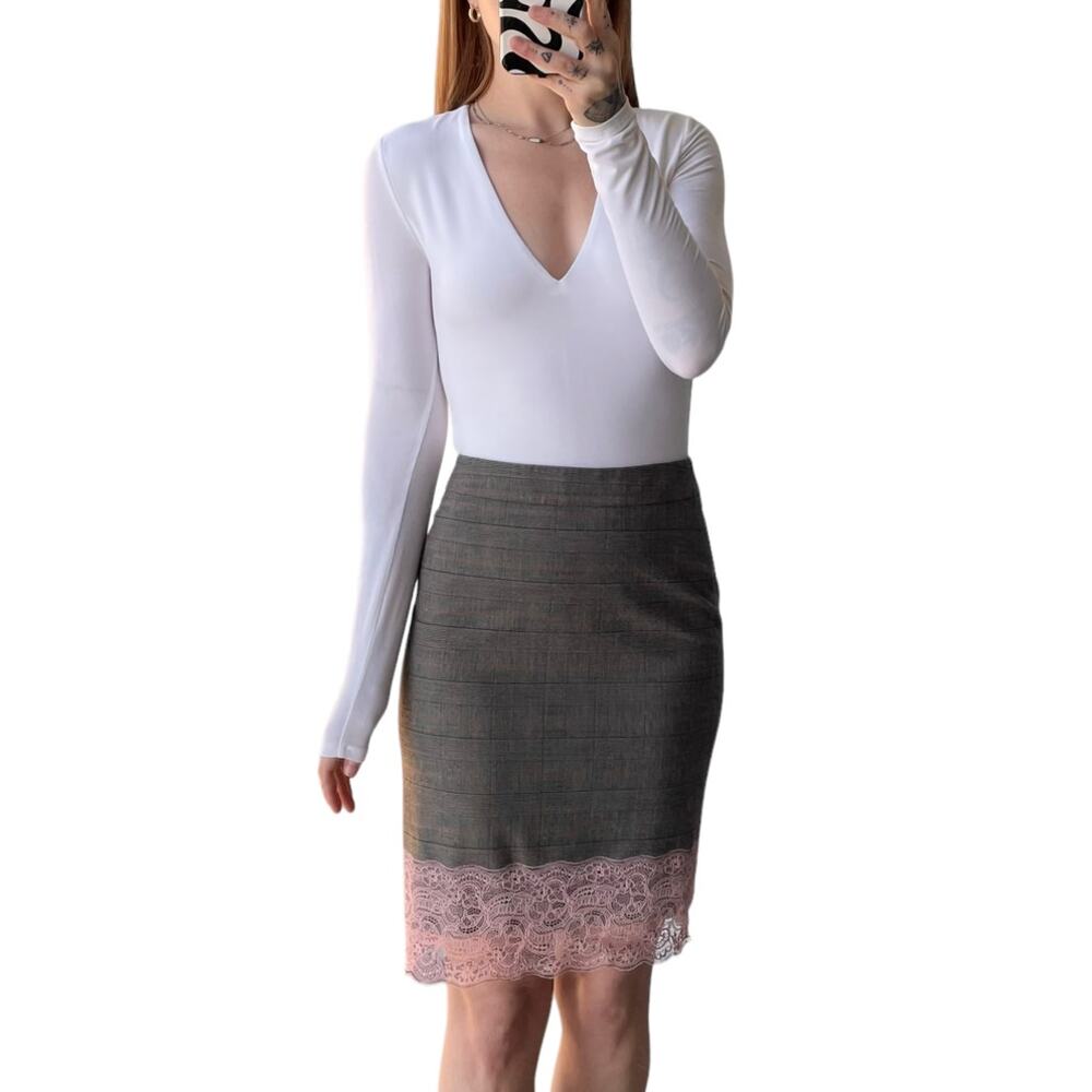 Tristan Plaid Pink Lace Hem Coquette Academia Pencil Skirt - Size 4